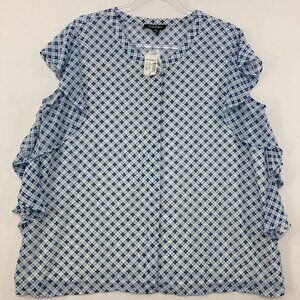 New Roz & Ali size XL Blue Geometric Ruffle Soft Flowy Button Down Preppy
